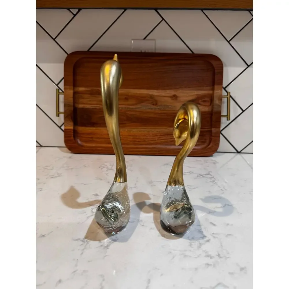 vintage Penco Mid Century Modern brass glass swan figurines bubble-glass base